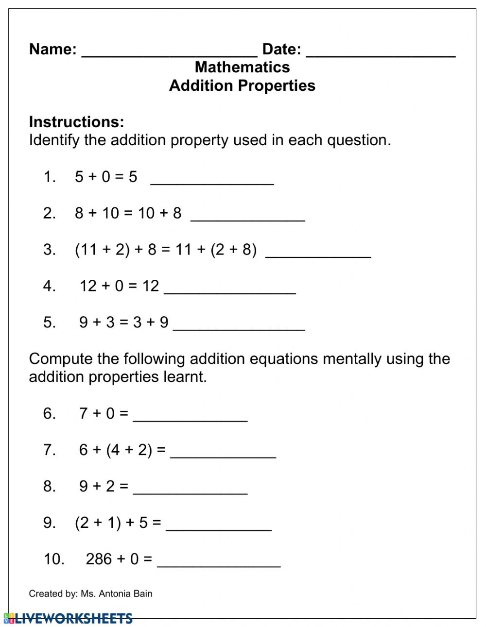 Properties Of Addition And Multiplication Worksheet